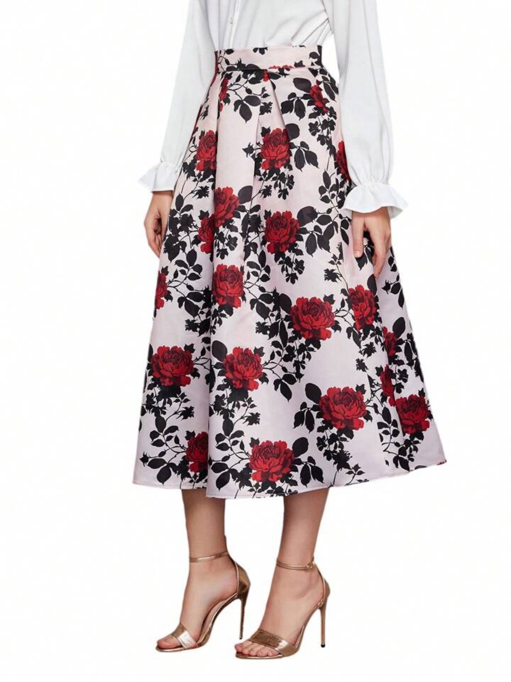 SHEIN Floral A-Line Midi Skirt in Red and Black with Roses size Large used